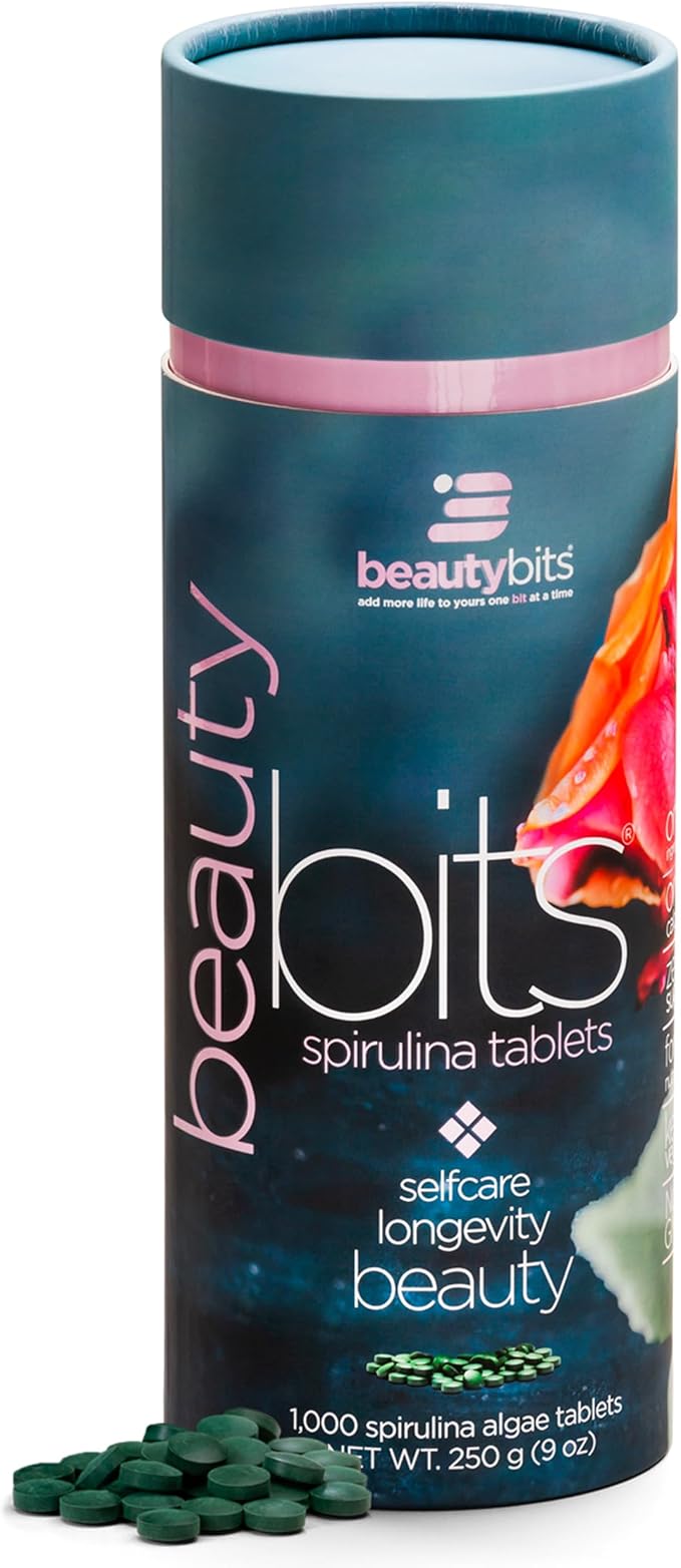 BEAUTYbits - Organic Spirulina Tablets - Algae Superfood - Collagen, Protein, Chlorophyll - Hair, Nails, & Skin Care - Vegan, Keto, Gluten Free - Self Care - Skincare Beauty Gifts - 1000 Tablet Can