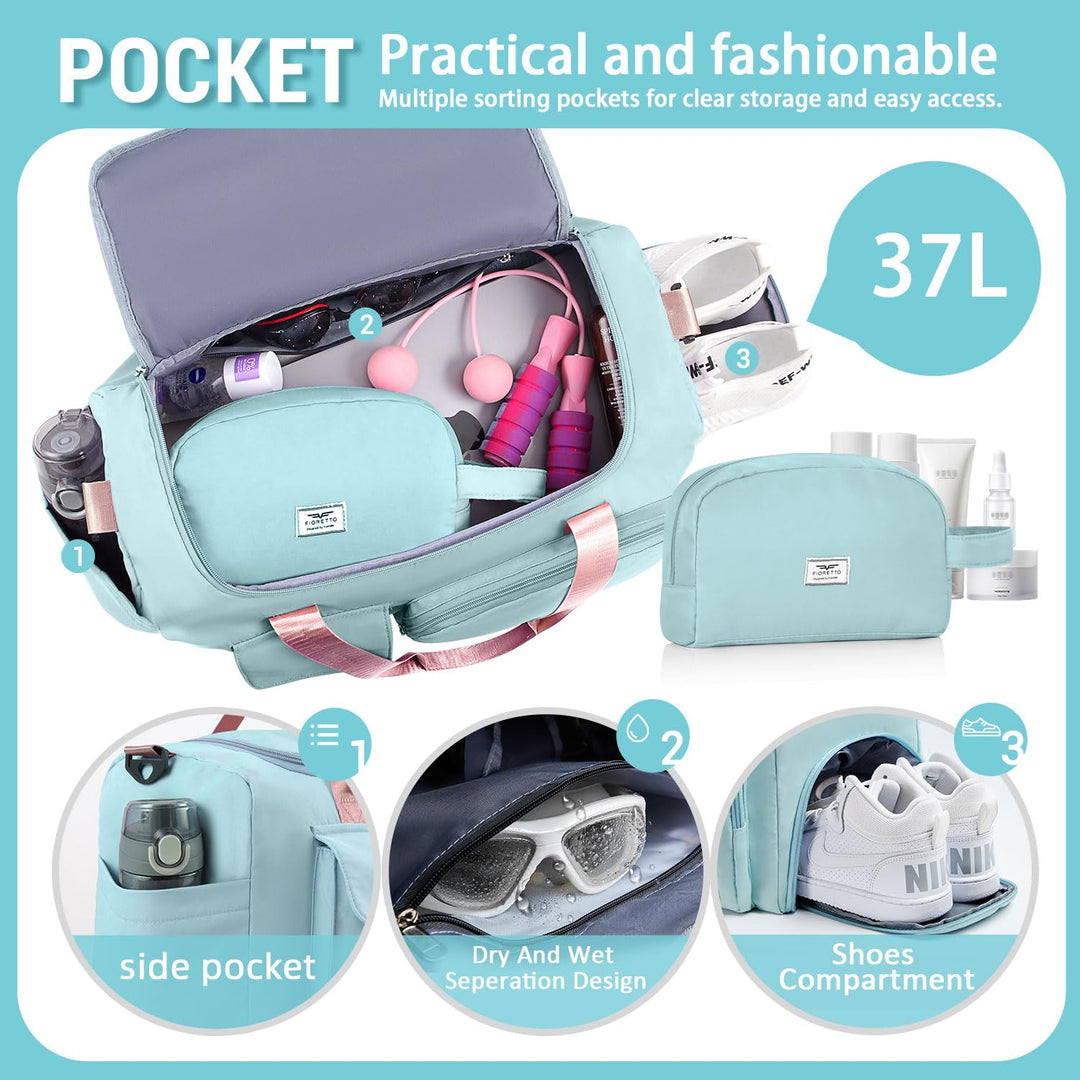FIORETTO Women's Water-Resistant Gym Duffle Bag with Shoes Compartment, 37L Capacity, Multi-Functional, Ideal for Travel, Gym, Sports, Weekender, with Toiletry Bag, Green & Pink