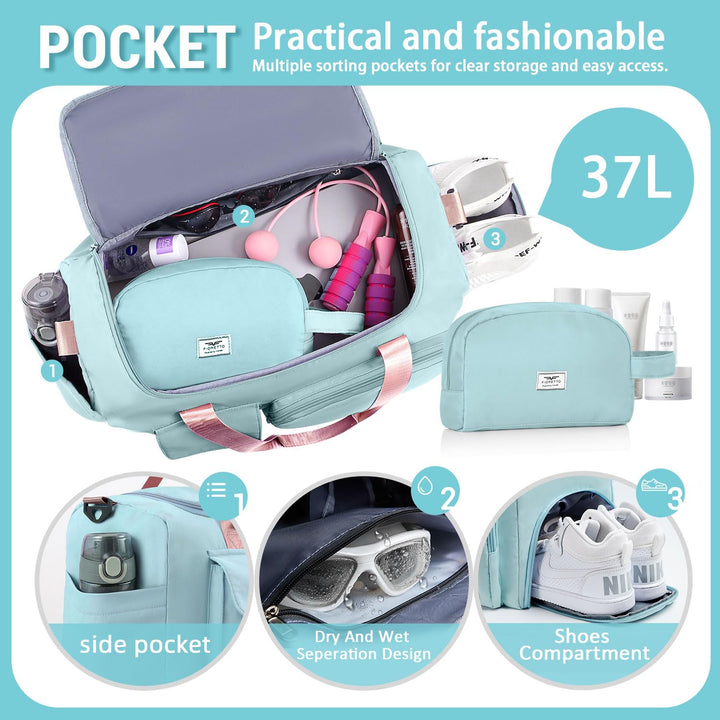 FIORETTO Women's Water-Resistant Gym Duffle Bag with Shoes Compartment, 37L Capacity, Multi-Functional, Ideal for Travel, Gym, Sports, Weekender, with Toiletry Bag, Green & Pink