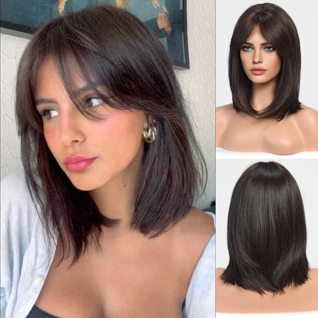 Haircube Dark Brown Wigs For Woemn Straight Wig With Curtain Bangs Shoulder Length Natural Synthetic Wig For Daily Use