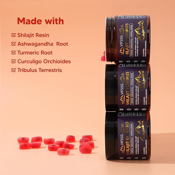 Shilajit Gummies, Sugar-Free Gummies, 500 Mg Shilajit Pure Himalayan Organic, Shilajit Supplement, Shilajit Resin, Gold Grade Nature Shilajit with 4 in-1 Complex for Energy Support, 60 Gummies