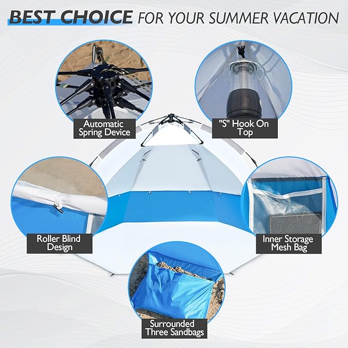 Beach Tent Pop Up Shade, Instant Beach Tents Sun Shelter with UPF 50+ UV Protection, Lightweight & Easy Setup Tent 2-6 Person