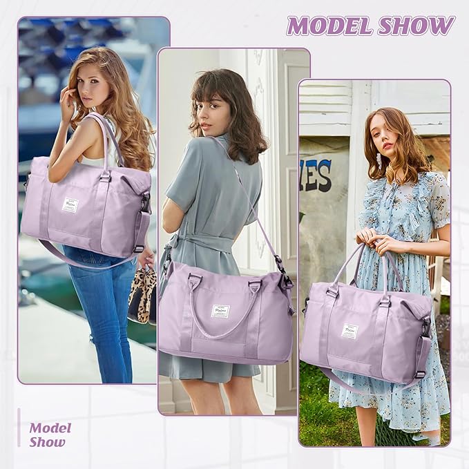 Light Purple Sports Duffel Bags for Women Weekender Travel Totes Bag for Airplane, Cute Sports Gym Dance Bag Overnight Luggage Bag with Wet Pocket, Carry On Hospital Bag for Labor and Delivery