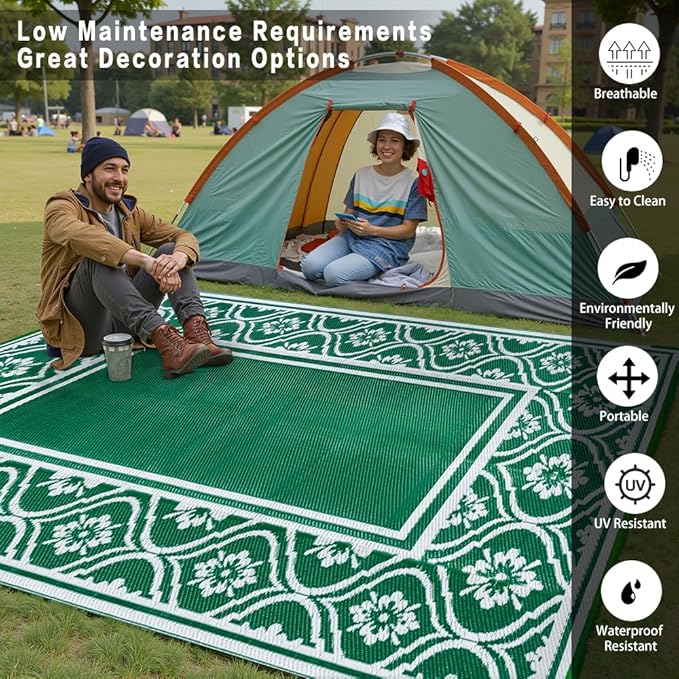 Outdoor Rug 8x10 Patio Waterproof Mat Camping Carpet Outside Area Rug Reversible Green Rugs for RV Deck Entryance Porch Picnic Balcony Beach