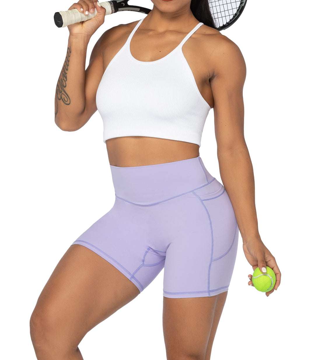Sunzel No Front Seam Biker Shorts for Women with Pockets, Yoga Workout Gym Bike Shorts with Tummy Control 5" Lilac X-Small