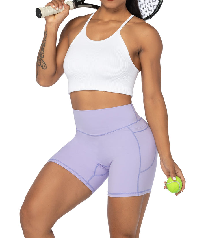 Sunzel No Front Seam Biker Shorts for Women with Pockets, Yoga Workout Gym Bike Shorts with Tummy Control 5" Lilac X-Small