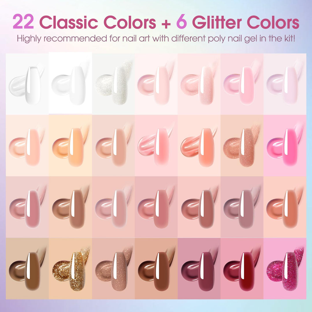 ROSALIND Poly Nail Gel Kit, 28 Colors Clear Nude Brown Poly Nail Gel Kit with U V Light Poly Nail Gel Starter Kit For All Seasons Beginner DIY at Home
