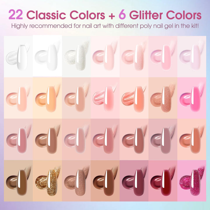 ROSALIND Poly Nail Gel Kit, 28 Colors Clear Nude Brown Poly Nail Gel Kit with U V Light Poly Nail Gel Starter Kit For All Seasons Beginner DIY at Home