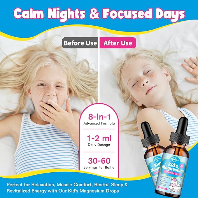 Kids Magnesium Glycinate Liquid Drops with L-Threonate, Omega-3, Ashwagandha, Vitamin B6, D3, K2, Calcium & Chamomile - Magnesium Drops for Kids Sleep, Calm, Focus, Brain & Mood - Strawberry Flavor