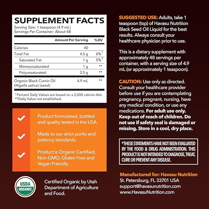Organic Black Seed Oil Cold Pressed Liquid - 4900mg Black Cumin Supplement for Immune System Function, Digestive Support, Hair Nourishment & Overall Health - 8 Fl Oz - Unflavored, Non-GMO, Vegan