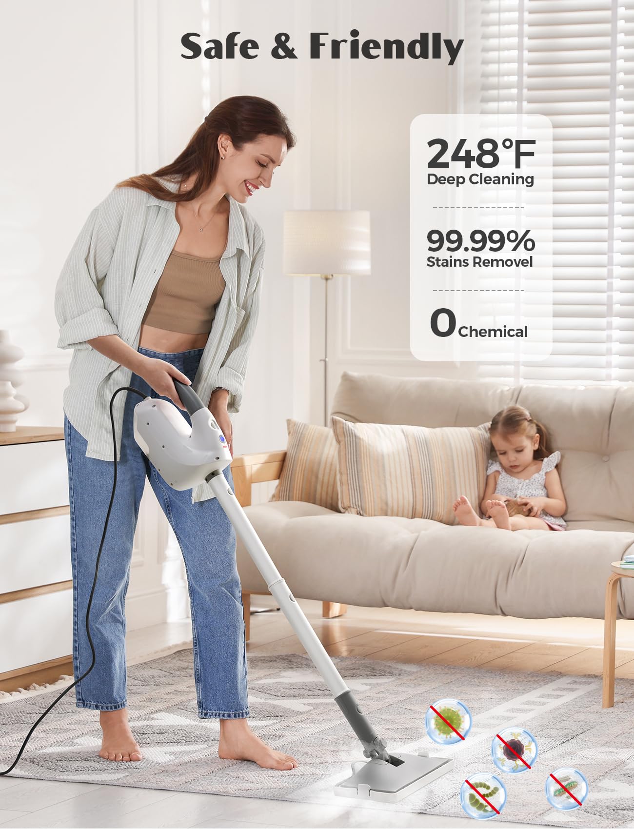 10-in-1 Steam Mop with Detachable Handheld Steamer, Multi & Up Steamer for Cleaning with 350ml Tank,10s Heat-Up, 7M Cord, 120℃ 1300W Powerful Floor Steam Mop for Hardwood Floors, Grout, Carpet