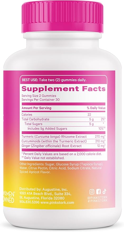 Pink Stork Turmeric Ginger Gummies - Turmeric and Ginger for Digestion, Detox, Gas, Energy Support, Immune Health - 60 Spiced Apricot Bloating Supplements