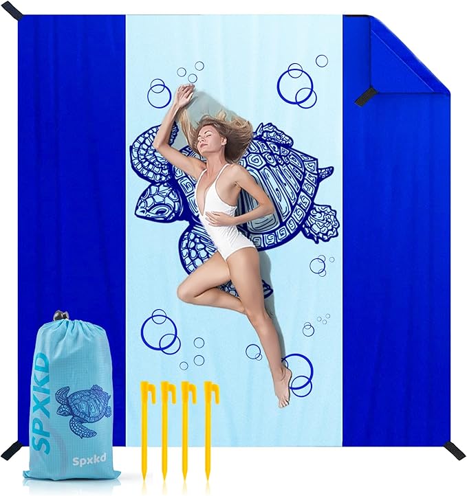 Beach Blanket Waterproof Sandproof Oversized 79" X 83" Soft Durable Light Weight and Portable Beach Mat with Corner Pockets for 4-6 Adults Outdoor Picnic Mat with Pocket for Travel Camping Hiking