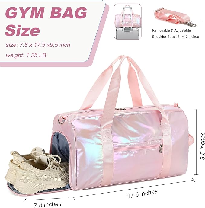Duffle Bag for Gym Sports Women Girls Workout Travel Bag Weekender with Shoe Compartment and Wet Pocket