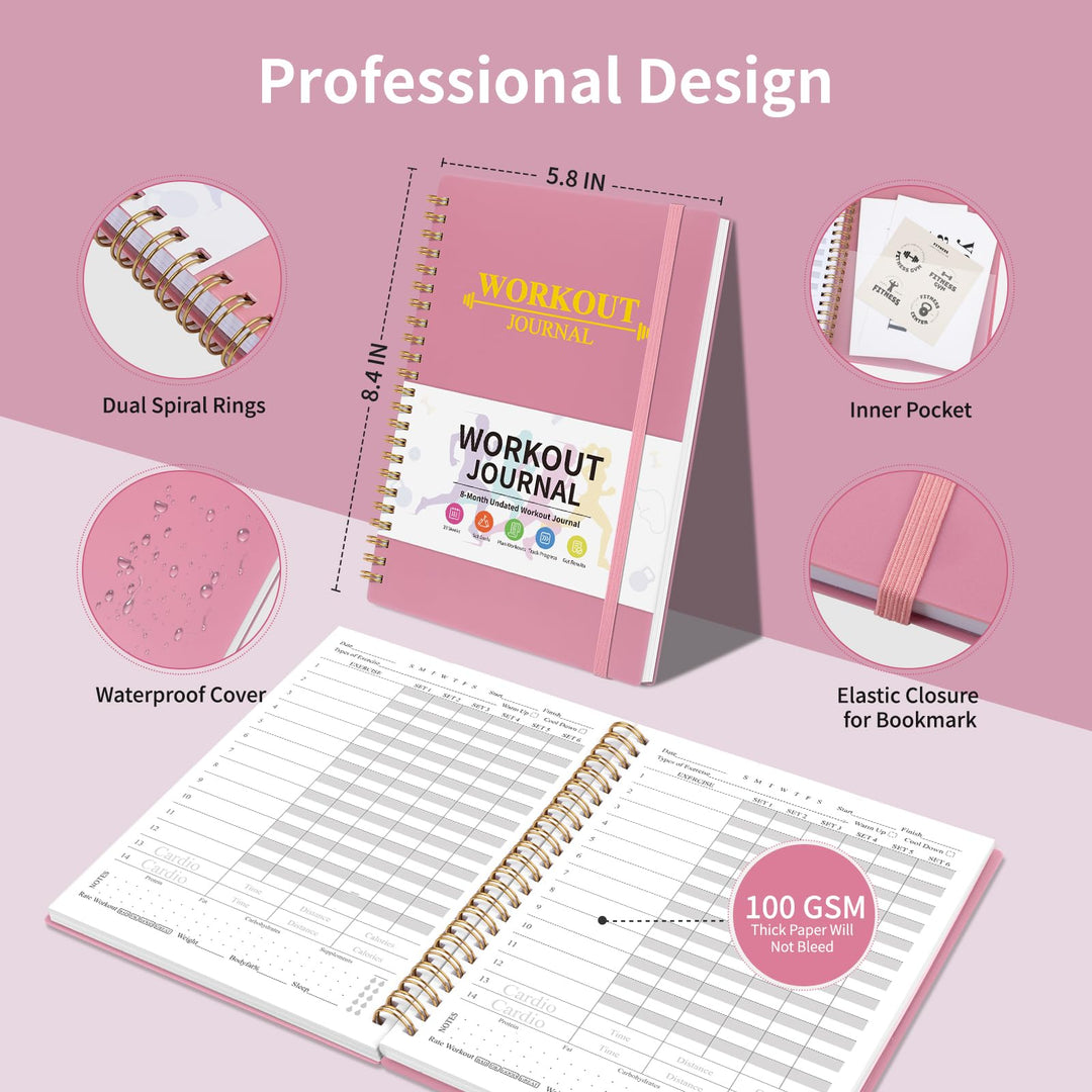 Fitness Workout Journal for Women & Men, A5 Hardcover Workout Log Book & Gym Exercise Planner With Progress Tracker, Goals, Calendar, 5.8" x 8.4" - Pink