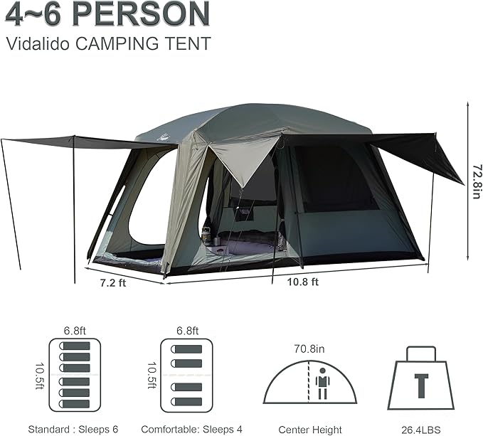 Vidalido 4-6 Person Camping Tent with 3 Door 2 Room Large Family Cabin Tents, Double Layer Waterproof Portable Glamping Tent, Big Tents for Outdoor Camping Hiking and Backpacking