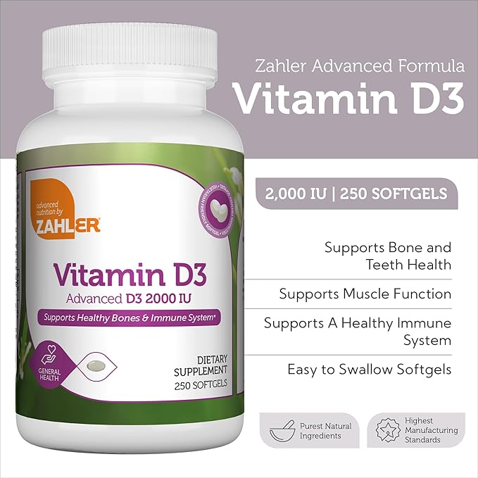 Zahler - Advanced Vitamin D3 2000 IU Softgels (250 Count) Kosher Vegetarian Friendly Vitamin D for Immune Support, Bone, Teeth & Muscle Health - Daily D3 Vitamin Supplement for Adults - Easy Swallow V