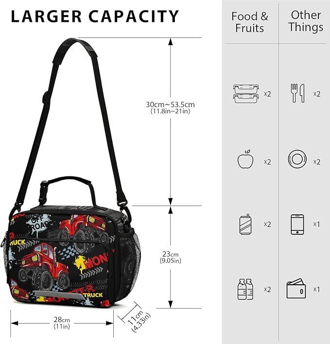 Monster Truck Car Lunch Bag Insulated Lunch Box, Reusable Cooler Lunch Tote Bags Food Container for Boys Girls Kids