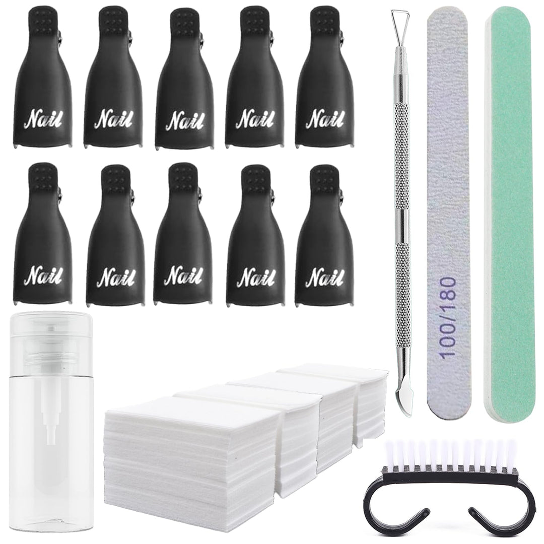 Ponjowl Gel Nail Polish Remover Kit With 10Pcs Black Nail Polish Remover Clips Cap, Acetone Nail Dispenser Bottle, Polish Cuticl