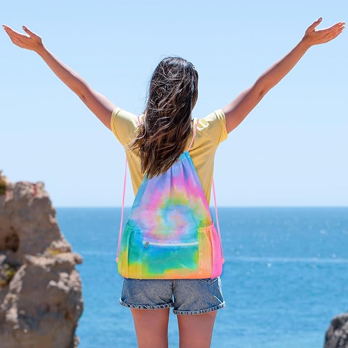 Mesh Drawstring Backpack, Large Sports Gym Bag for Women Kids with Pocket and Zipper Sackpack for Beach Yoga Football Soccer (Tie Dye Yellow)