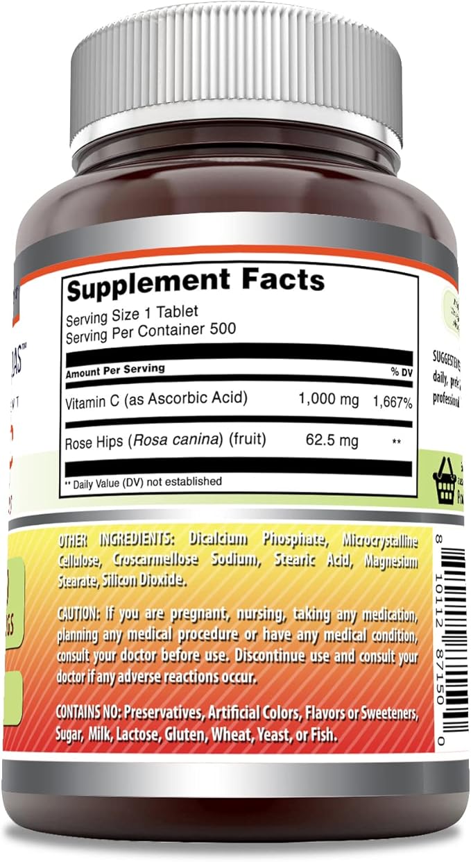 Amazing Formulas Vitamin C with Rose HIPS Supplement | 1000 Mg | Tablets | Non-GMO | Gluten Free | Made in USA (500 Count)