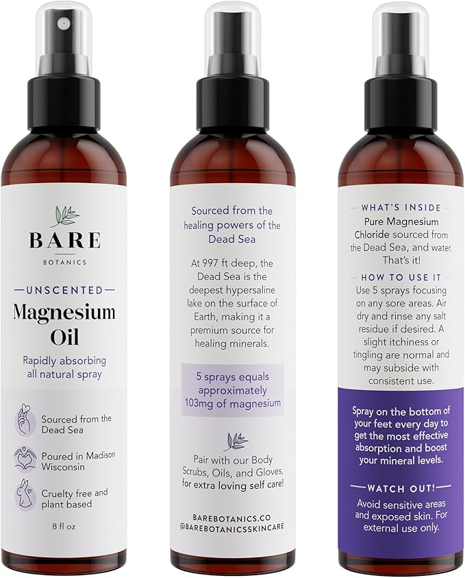 BARE BOTANICS Unscented 8oz Pure Magnesium Oil Spray from the Dead Sea | Rapidly Absorbing | Handpoured in Madison, WI | Supports Sleep & Soothes Sore Muscles