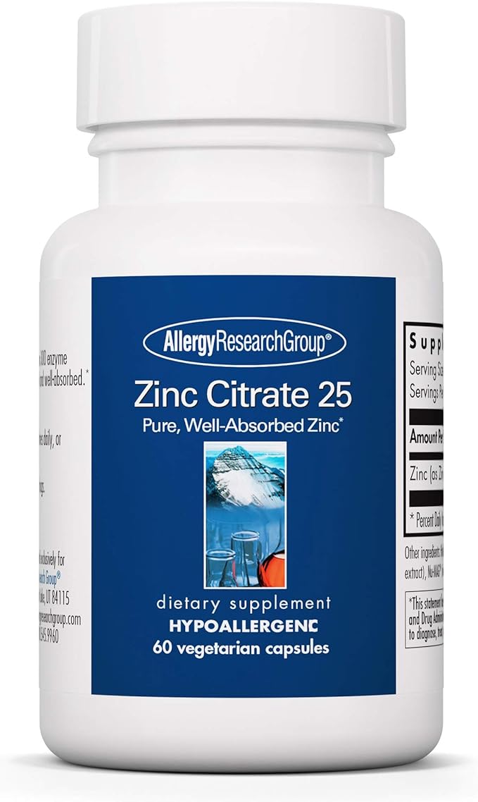 Allergy Research Group Zinc Citrate Supplement - 25mg Zinc for Men & Women, Immune Support, Pure, Well-Absorbed, Well-Tolerated, Trace Mineral, Vegetarian Capsules - 60 Count