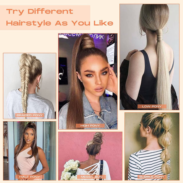 SEIKEA Clip in Ponytail Extension Wrap Around Long Straight Ponytail Natural Soft Synthetic Hairpiece for Women 28 Inch- Brown Ash Blonde Mix