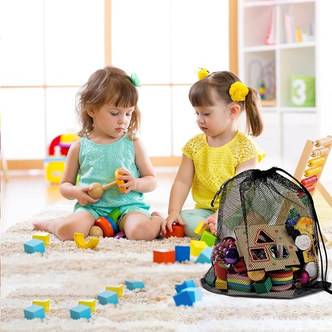 iMucci 12 Pieces Black Mesh Drawstring Bag with Clips, Nylon Drawstring Bags Pocket Foldable Beach Bag with Cord Lock for Swimming Collecting Toys Laundry Sports Gym Beach Travel