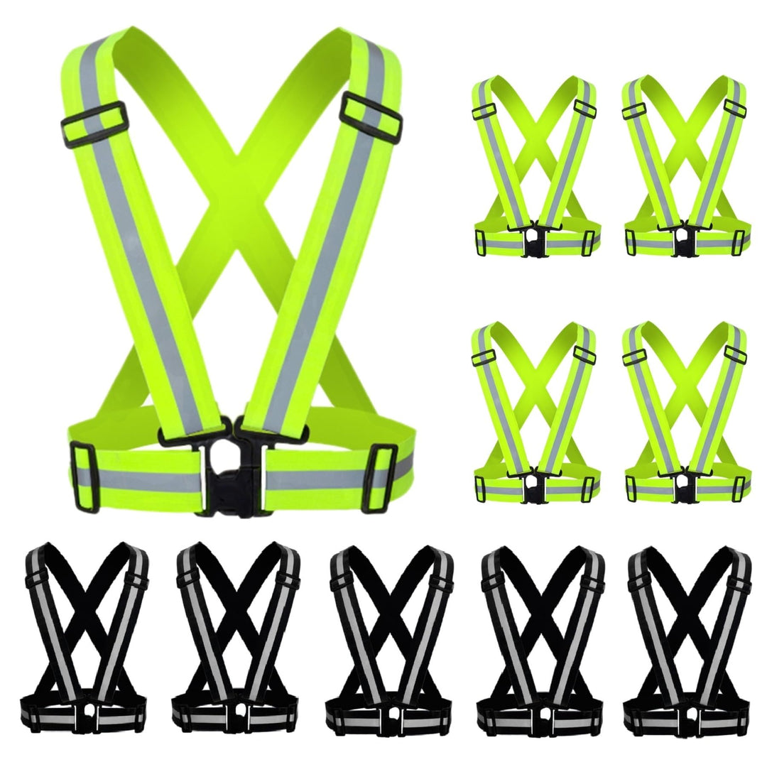 YUNLOVXEE Reflective Strap Safety Vest Gear - 2-10 Pack Adjustable High Visible Reflective Running Gear for Women Men Night (Greenx5+Blackx5)