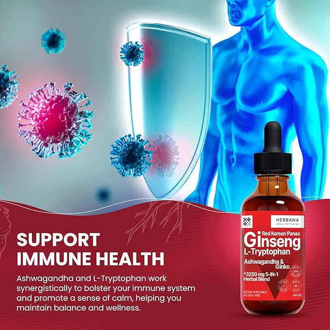Red Korean Panax Ginseng & L-Tryptophan Liquid Extract Formula 4 fl oz - Ashwagandha, Ginkgo Biloba - Energy, Cognitive Performance & Focus - Immune System and Vitality Support Tincture