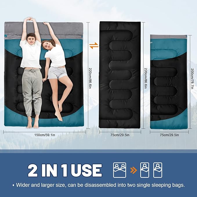 Cotton Flannel Double Sleeping Bag for Adults Machine Washable 2 Person Camping Sleeping Bag Queen Size Waterproof with Compression Sack for Cold Weather 3-4 Seasons