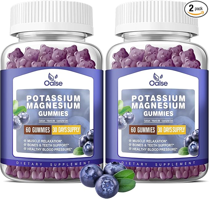 Potassium Magnesium Gummies for Adults Kids, High Absorption Potassium Citrate 99mg Magnesium Citrate 400mg, Chewable Gummy Supplements for Leg Cramps & Heart Health Blueberry 60 Count(Pack of 2)