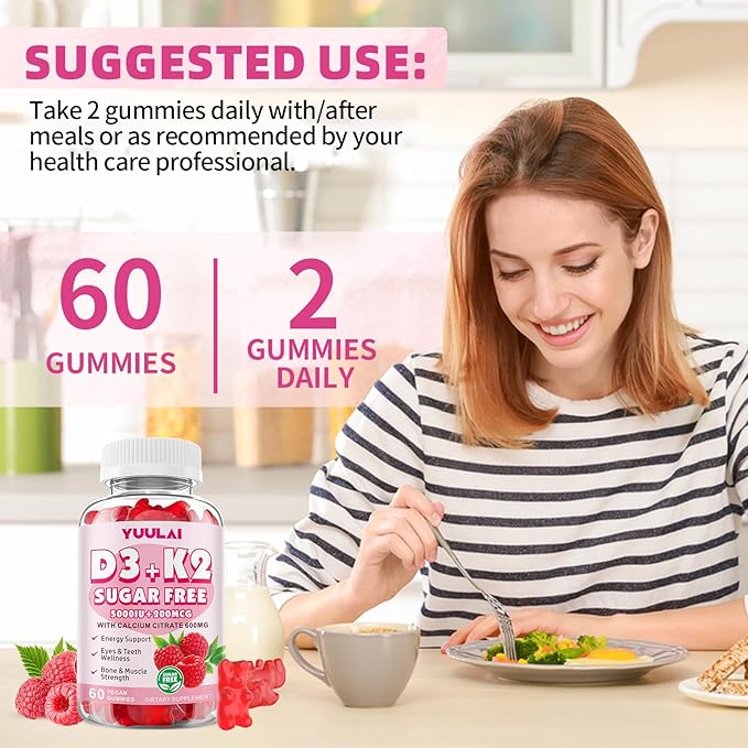 Pack of 2 Vitamin D3 K2 Gummies, D3 Vitamin 5,000 IU + K2 200mcg - Vegan K2 D3 Vitamin Supplement, Highly Absorbent Supports Bone, Muscle, Immune, Raspberry, 120 Count