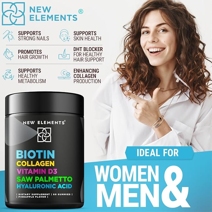 Biotin Gummies with Collagen Vitamin D3 Saw Palmetto & Hyaluronic Acid for Hair Skin and Nails, Hair Growth Supplement for Men & Women | Non-GMO | Gluten-Free | Natural Pineapple Flavor
