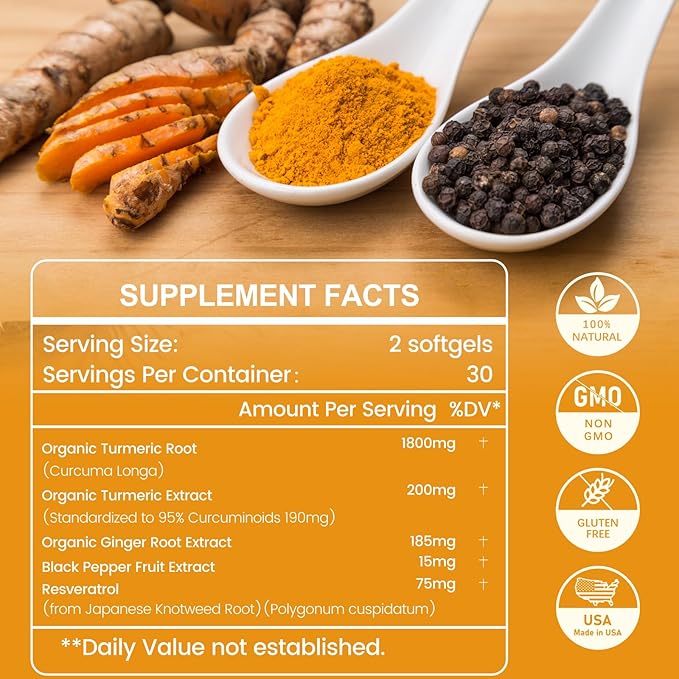 Turmeric Supplement 2275mg, 95% Curcumin, Liposomal Turmeric for Best Absorption, Curcumin Supplement for Joint Support, Bottled in USA - 60 Softgels