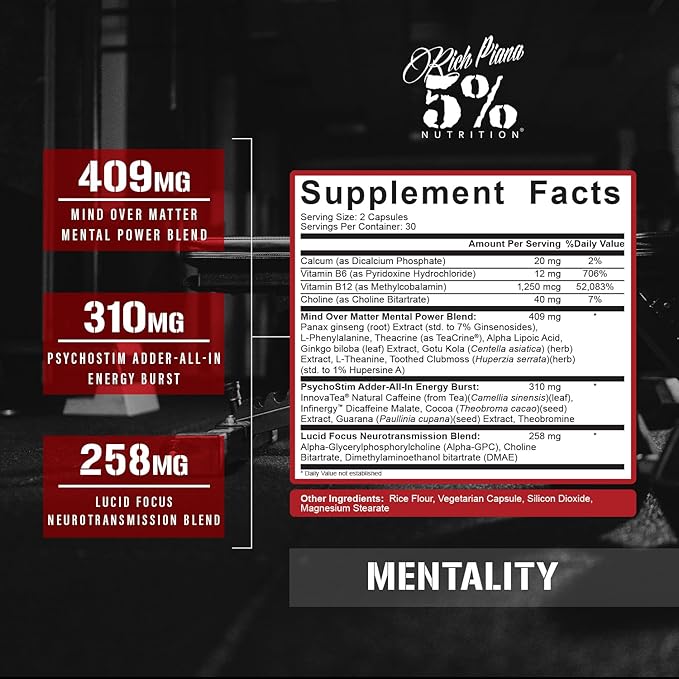 5% Nutrition Rich Piana Mentality Nootropic Blend | Brain Booster Supplement for Performance, Memory, Mental Clarity | Ginseng, Ginkgo, L-Theanine, Choline, Huperzine, 60 Capsules (30 Day Supply)