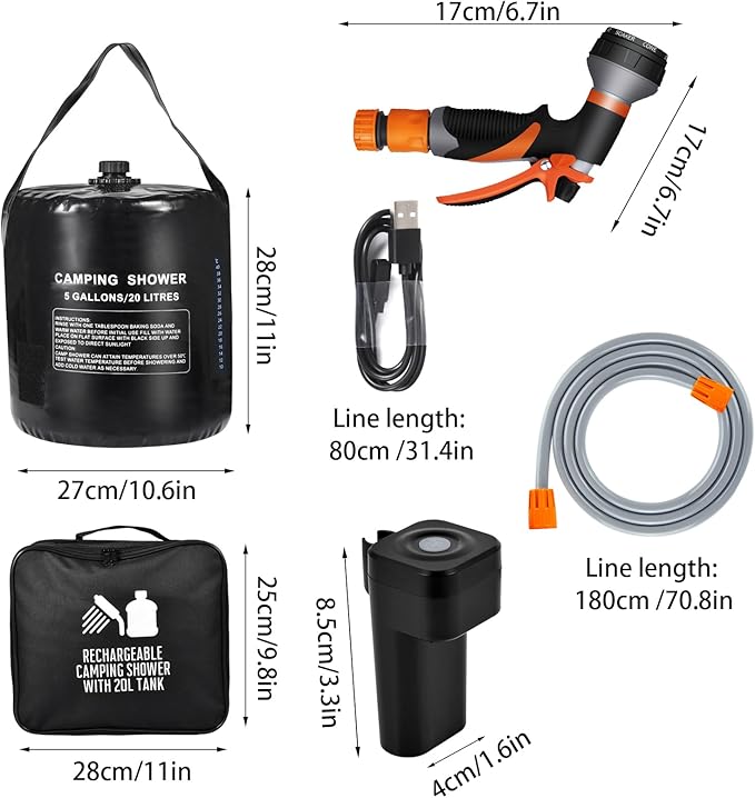 5 gallon/20L Water Bag,Portable Outdoor Camping Shower,Sun Heating,Electric Shower,8 Spray Modes,with Built-in Thermometer,Suitable for Hiking/Backpacking,Camping,Travel,Beach,Pets,Flowers
