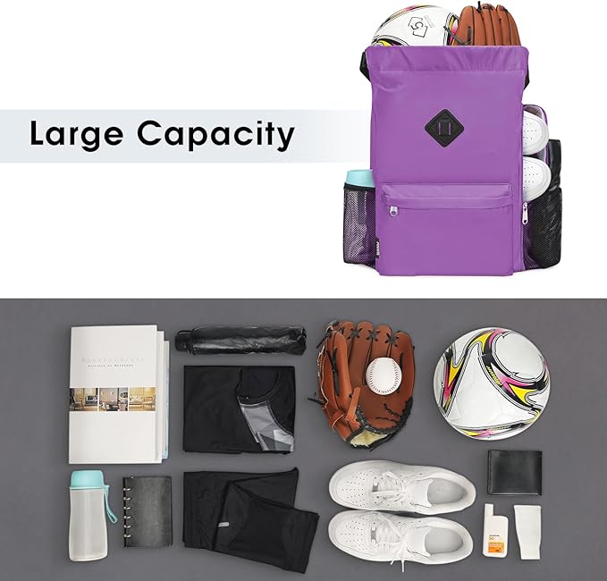 WANDF Drawstring Backpack Sports Gym Bag with Shoes Compartment, Water-Resistant String Backpack Cinch for Women Men(Large,Purple)