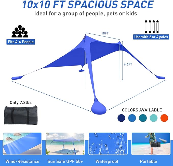Beach Tent Pop Up Shade Canopy Sun Shelter UPF50+ with 2 Stability Poles/Carry Bag/Ground Pegs/Sand Shovel/Windproof Ropes Portable Outdoor Family Sunshade for Beach Camping(Navy Blue,10×10FT)