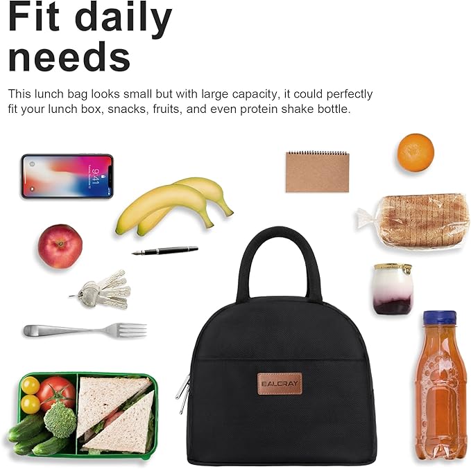 BALORAY Lunch Bag for Women Men Insulated Lunch Box for Adult Reusable Lunch Tote Bag for Work, Picnic or Travel (Solid Black)