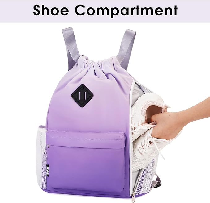 WANDF Drawstring Backpack Sports Gym Bag with Shoes Compartment, Water-Resistant String Backpack Cinch Bag for Women Men (Purple Gradient)