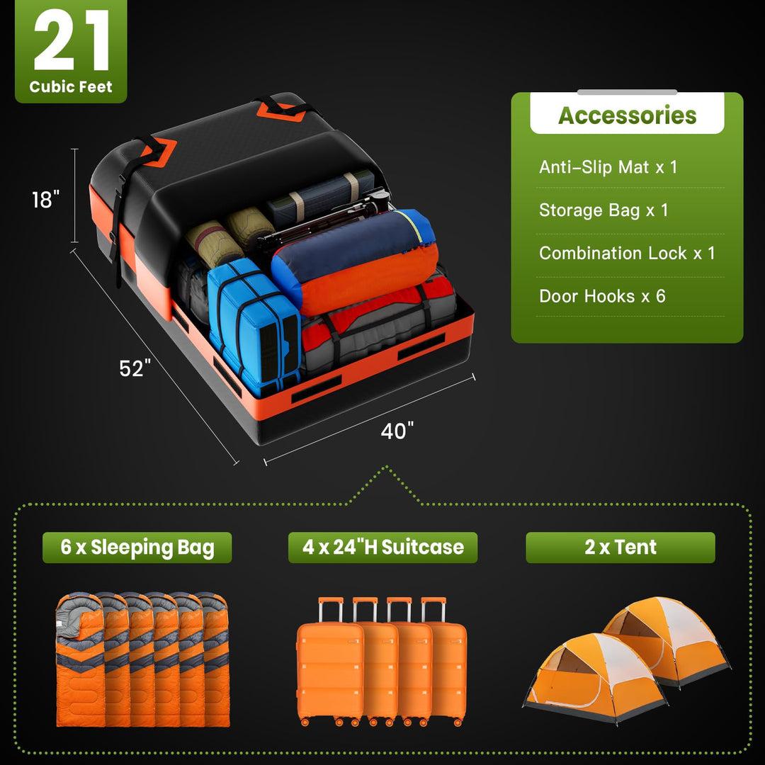 APTY 21 Cubic Feet Car Rooftop Cargo Bag Carrier, Soft Roof Top Luggage Bag for All Vechicles with/Without Racks - with Waterproof Zip, Luggage Lock, Anti-Slip Mat, Storage Bag, Door Hooks