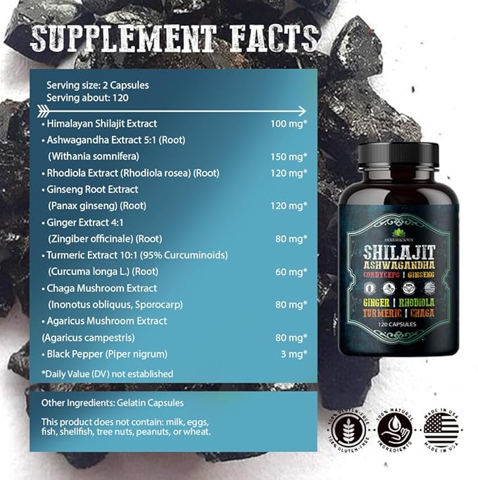 Shilajit for Men – 8-in-1 Adaptogenic Supplement with Ashwagandha, Cordyceps, Ginseng, Rhodiola, Turmeric, Chaga & Ginger – Natural Energy, Stress Relief & Immune Support – 120 Vegan Capsules