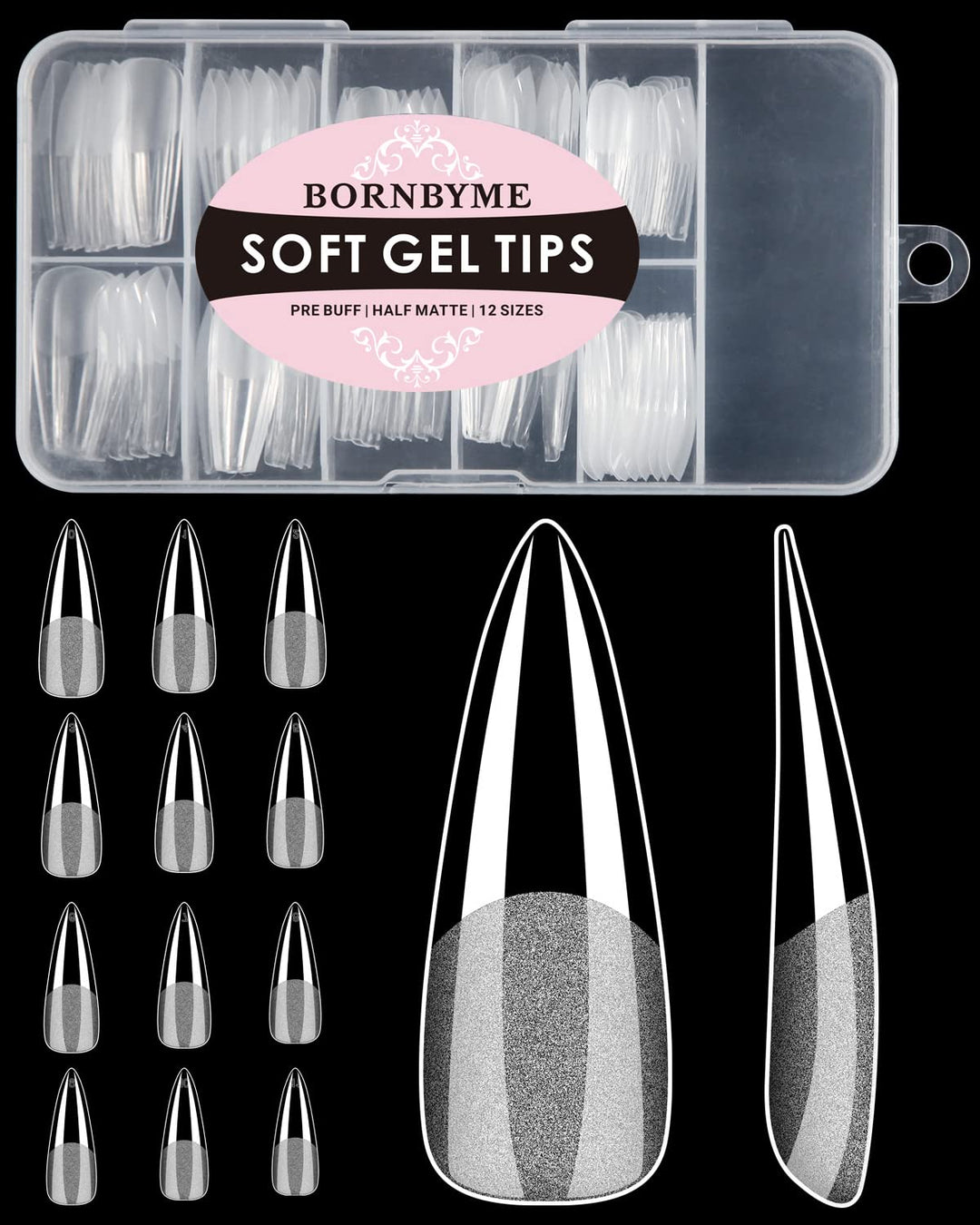 Soft Gel Nail Tips Long Stiletto, 120Pcs Pre Buff Full Cover Nail Extenison Tips Half Matte Gel X Nail Tips Bornbyme