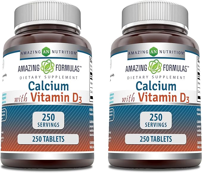 Amazing Formulas Calcium with Vitamin D3 Supplement | 250 Tablets | Non-GMO | Gluten-Free | Made in USA (2 Pack)