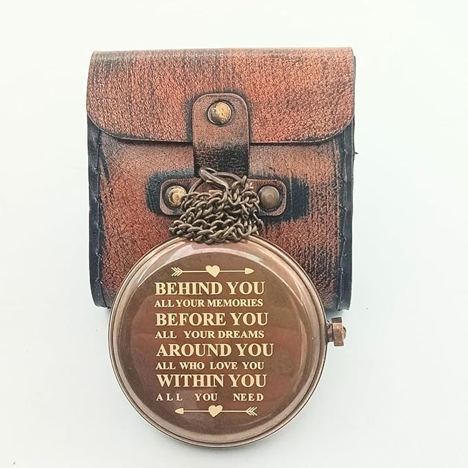 Behinde You Engraved Sundial Compass with Leather case. We Walk by Faith Not by Sight Corinthians 5:7 Compass. Personalized Brass Pocket Compass Gifts for Men, Him, Son