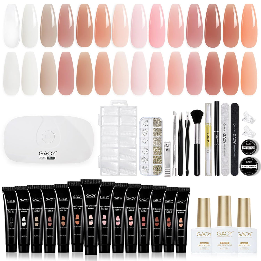 GAOY Poly Extension Nail Gel Kit with UV Light, 14 Pcs Natural Pink Nude Poly Nail Gel Starter Kit with Slip Solution and Tools for Nail Art DIY
