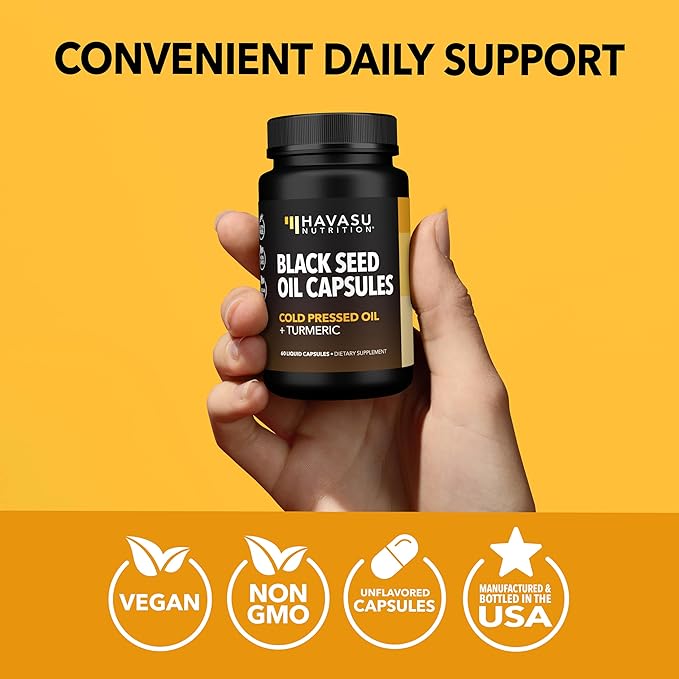 Black Seed Oil Capsules with Turmeric Curcumin Supplement - Immune & Digestive Health Support - 60 Count - Vegan, Non-GMO, Cold Pressed Black Seed Oil with Curcumin (95% Curcuminoids) - 1 Month Supply