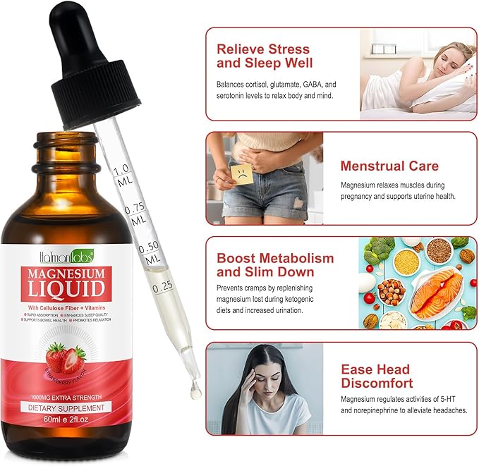 Magnesium Glycinate Liquid,Magnesium Glycinate Drops,High Absorption Magnesium Supplement with Cellulose Fiber, Bromelain,Vitamin B6,C,D Promotes Nerv,Relaxation,Sleep Support